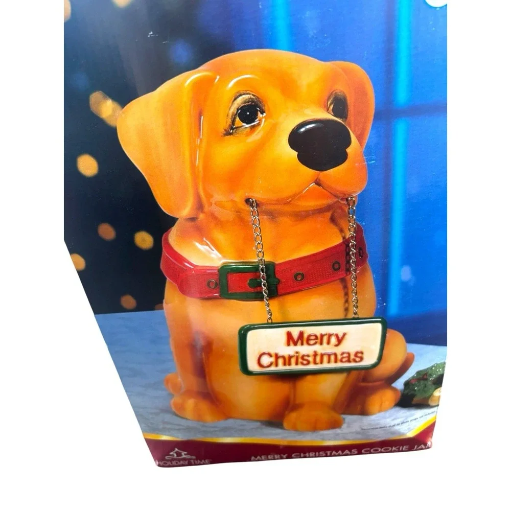 VTG  Yellow Lab Cookie Jar Dog With‎ Hanging Merry Christmas/Welcome Sign